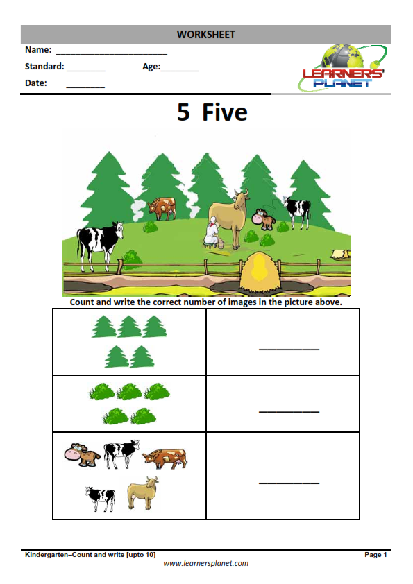 Free Printable Counting Worksheets for Kindergarten-count number of  images-Five